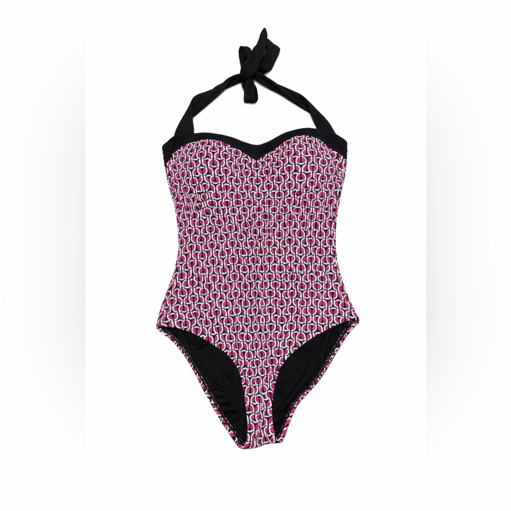 Lands' End Halter One Piece Swimsuit Pink Black Geo Print Tummy Control NWT‎
